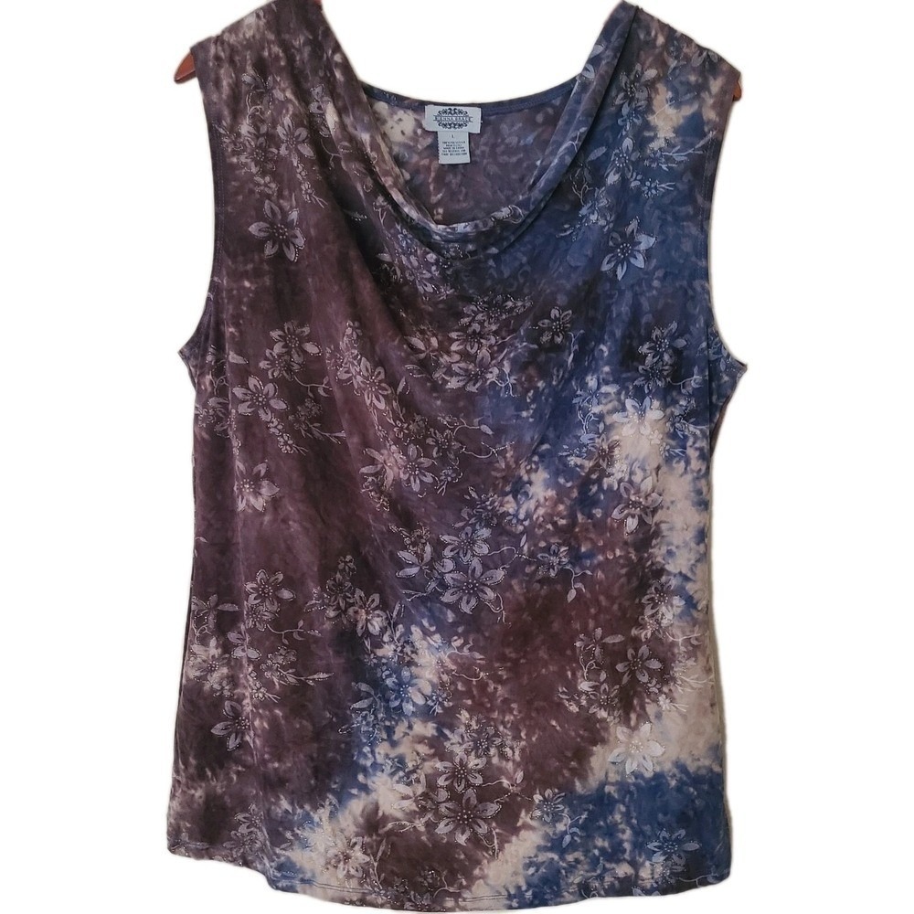 Sienna Grace Top Blouse Womens Size Large Blue Brown Marble Sequins Cowl Neck L